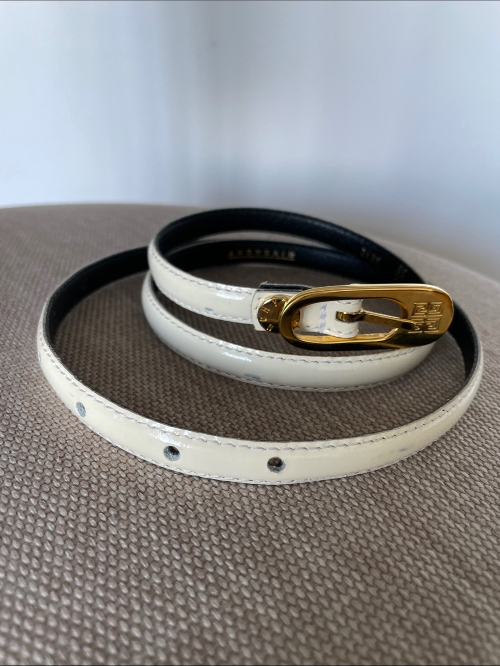 Givenchy Vintage Cream Patent Leather Slim Belt with Gold Buckle